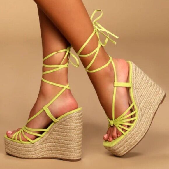 Lulus Green Lace-Up Espadrille‎ Wedges  Platform Sandals - Picture 1 of 5